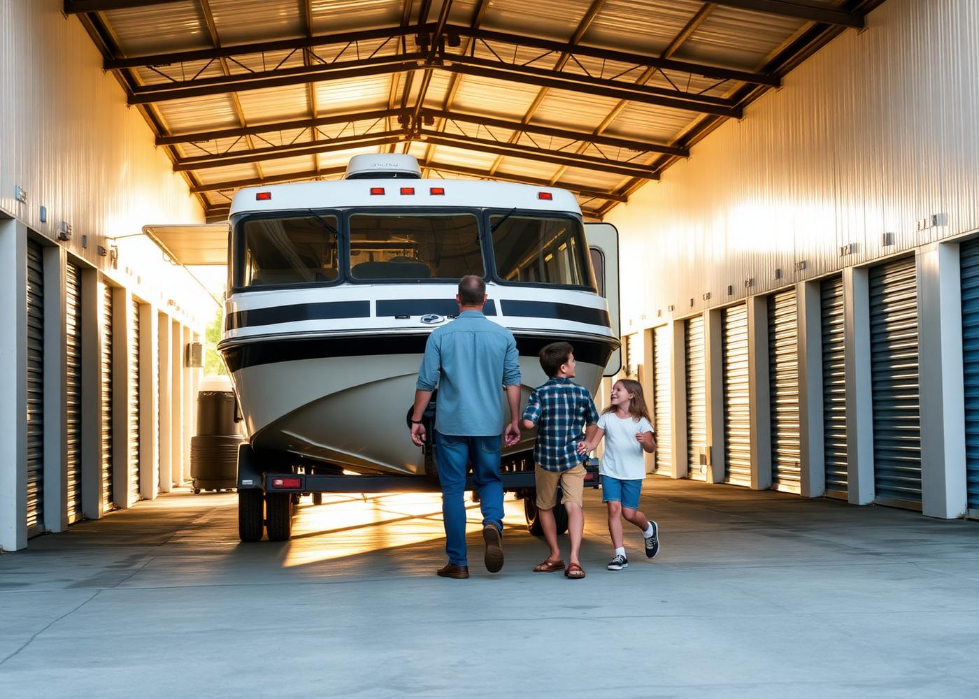 Family preparing RV for weekend travel