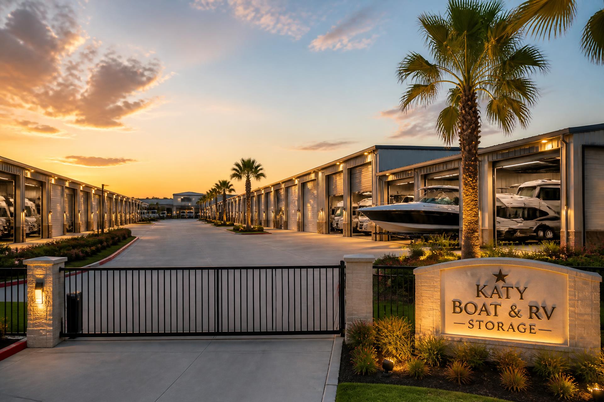 Cane Island Boat & RV Storage facility at golden hour