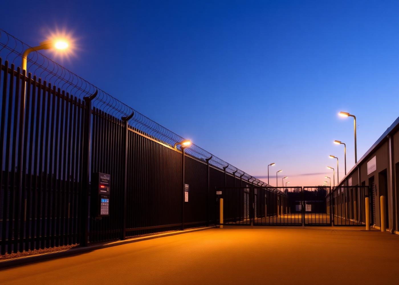 Secured storage facility gate at twilight